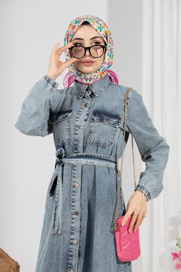 Full Buttoned Jeans Dress-Blue