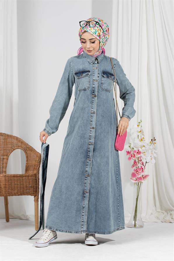 Full Buttoned Jeans Dress-Blue