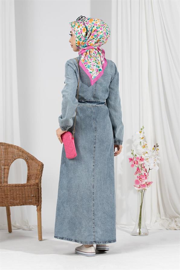 Full Buttoned Jeans Dress-Blue