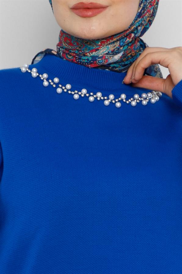 فستان تريكو بتفاصيل لؤلؤية - أزرق ساكس اللون