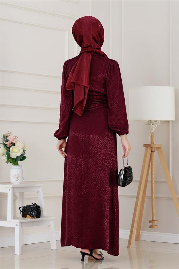 Buse Yanı Bağcıklı Saten Abiye-Bordo
