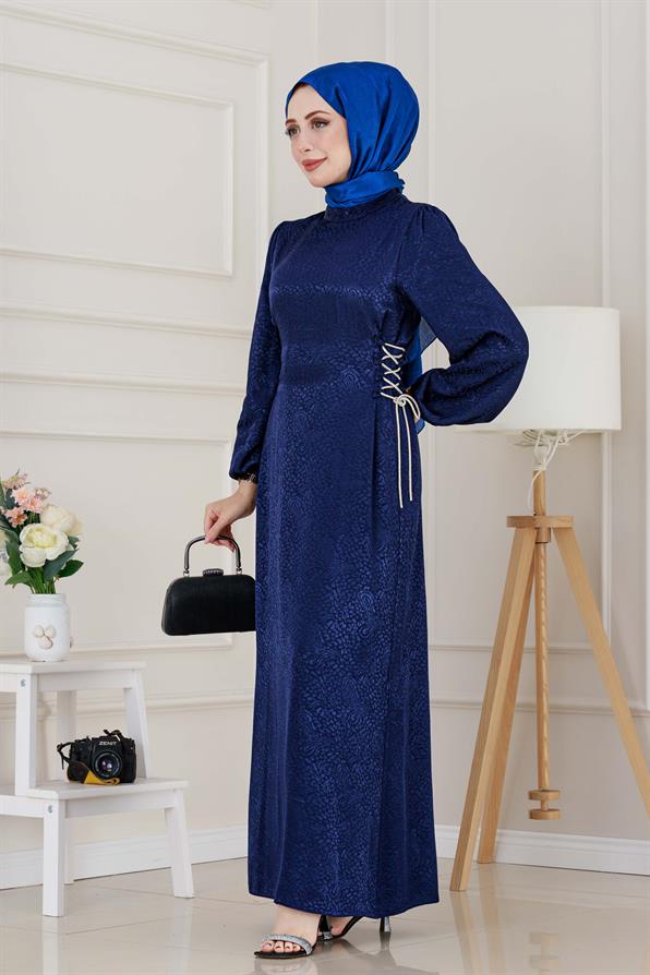 Buse Yanı Bağcıklı Saten Abiye-Lacivert