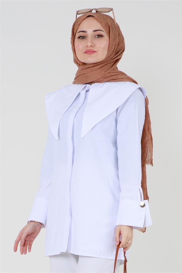 قميص بياقة كبيرة - أبيض