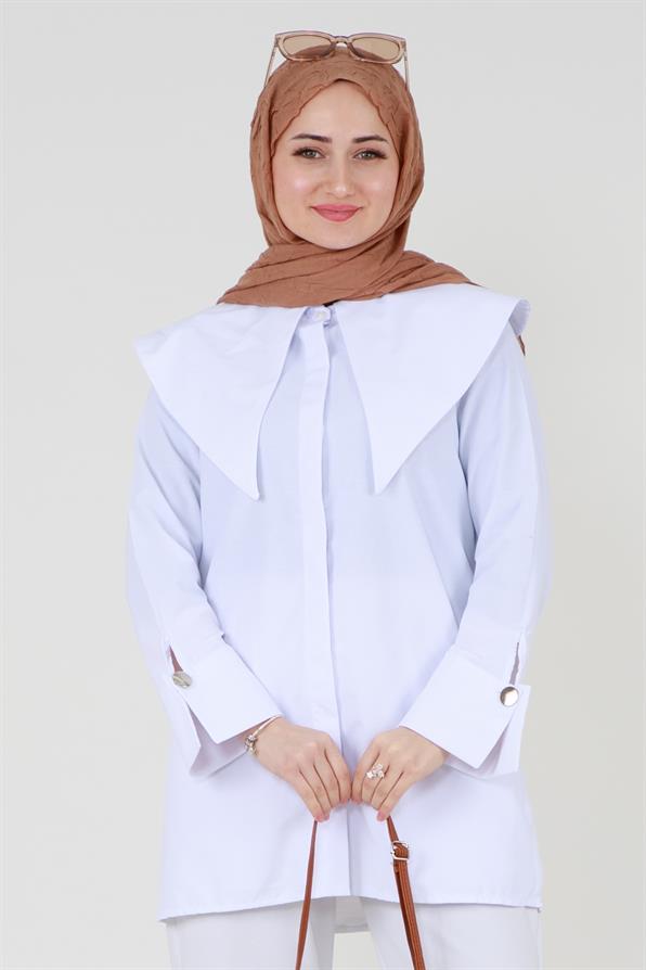 قميص بياقة كبيرة - أبيض