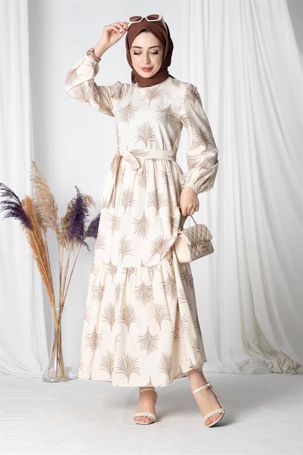 Pine-Patterned Linen Long Dress-Brown
