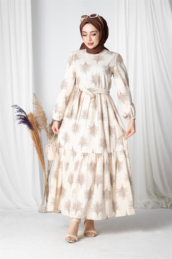 Pine-Patterned Linen Long Dress-Brown