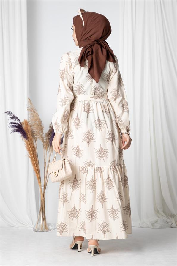 Pine-Patterned Linen Long Dress-Brown