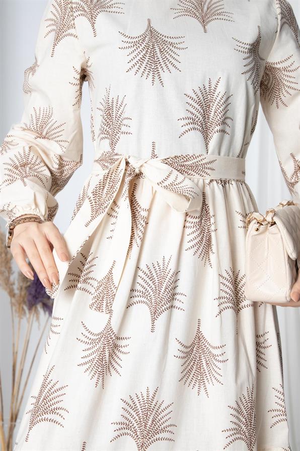 Pine-Patterned Linen Long Dress-Brown