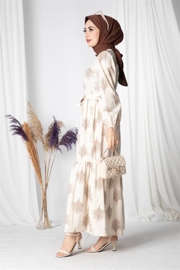 Pine-Patterned Linen Long Dress-Brown