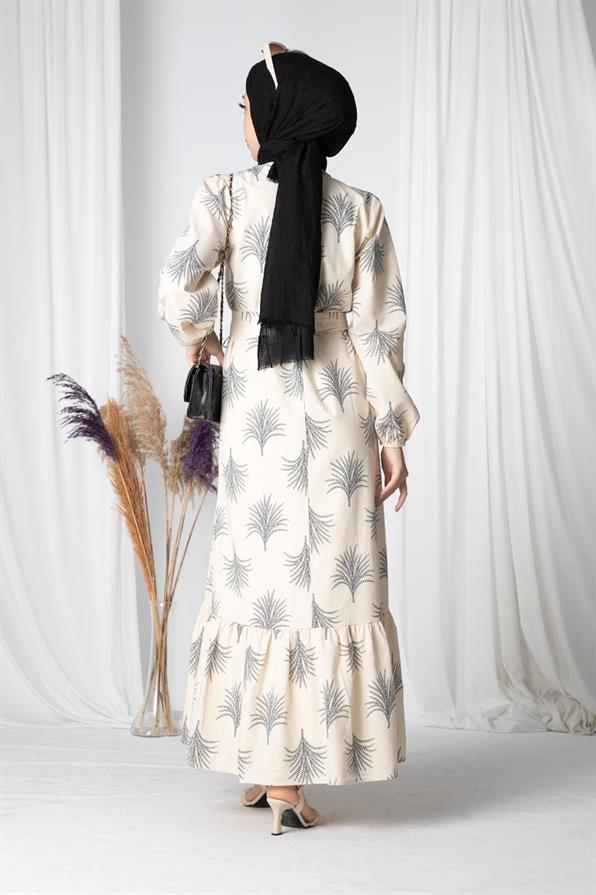 Pine-Patterned Linen Long Dress-Navy Blue