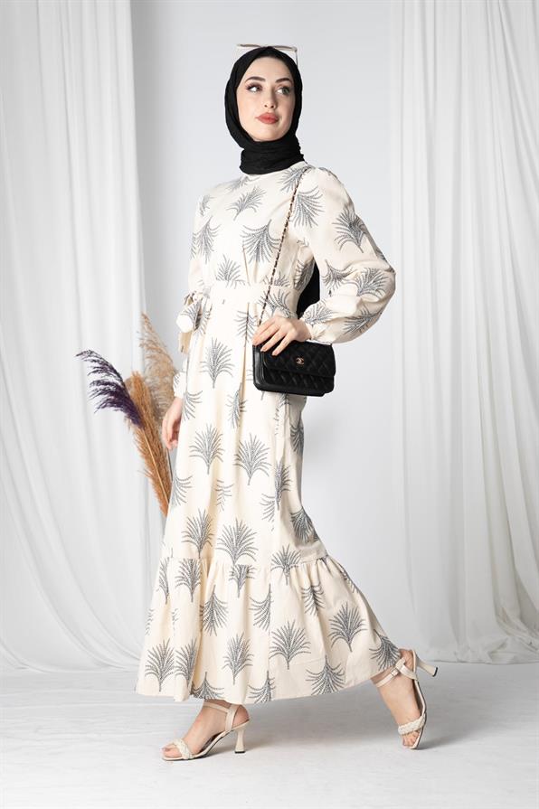 Pine-Patterned Linen Long Dress-Navy Blue