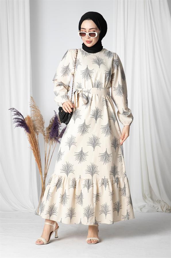 Pine-Patterned Linen Long Dress-Navy Blue