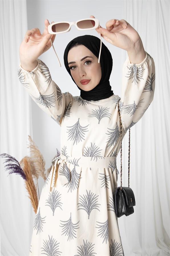 Pine-Patterned Linen Long Dress-Navy Blue