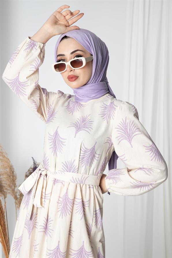 Pine-Patterned Linen Long Dress-Lilac