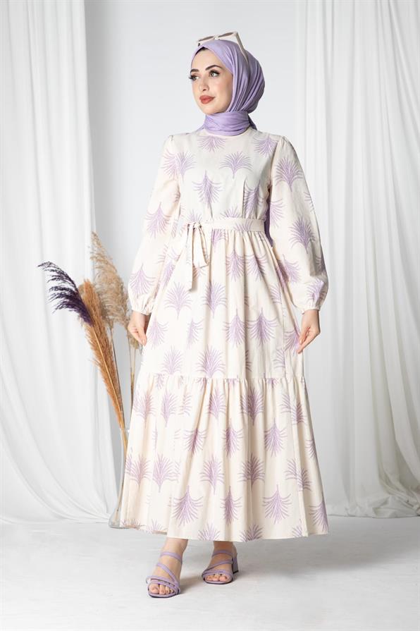 Pine-Patterned Linen Long Dress-Lilac