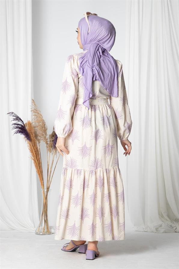Pine-Patterned Linen Long Dress-Lilac