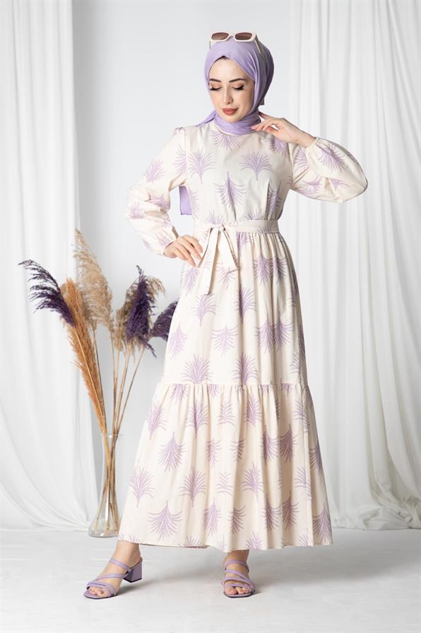 Pine-Patterned Linen Long Dress-Lilac