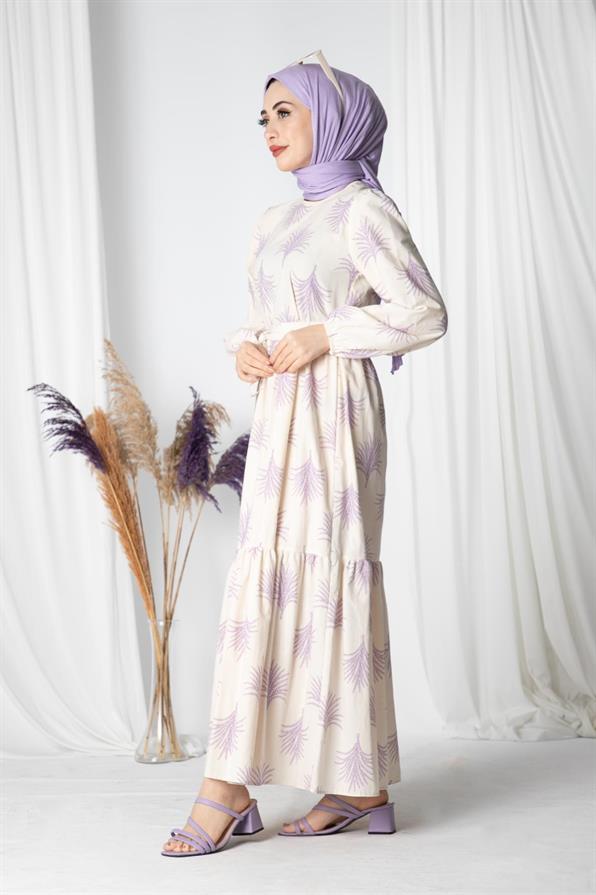 Pine-Patterned Linen Long Dress-Lilac