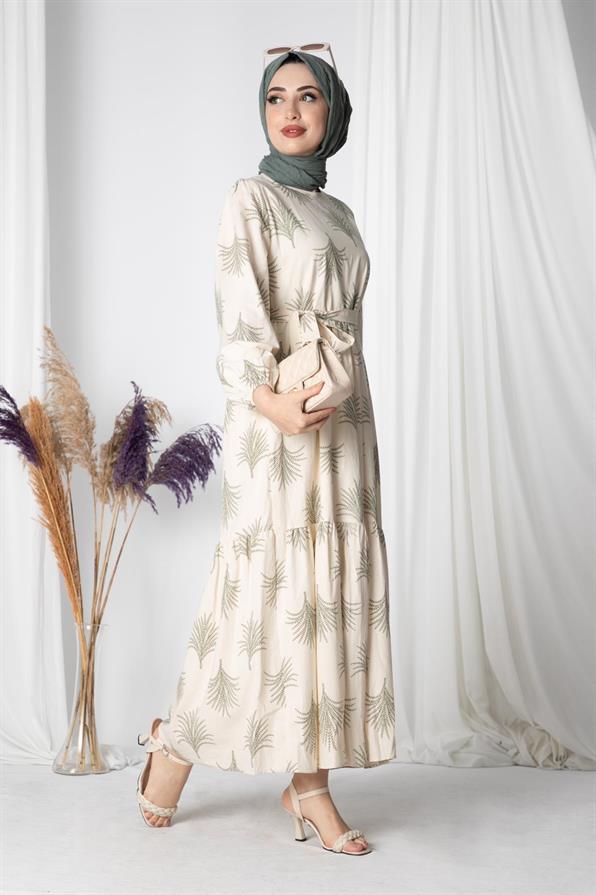 Pine-Patterned Linen Long Dress -Green