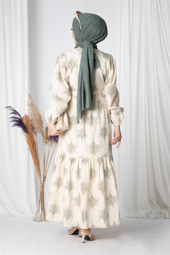 Pine-Patterned Linen Long Dress -Green