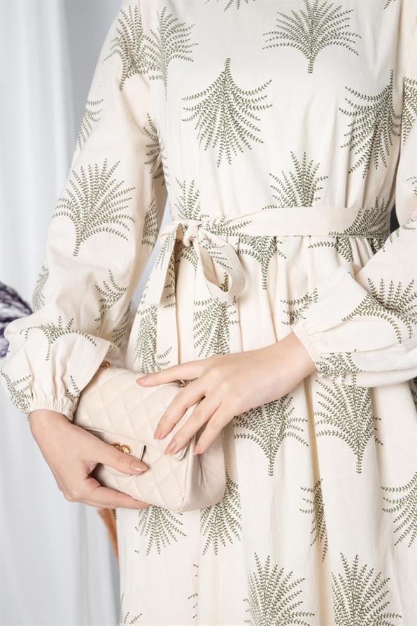 Pine-Patterned Linen Long Dress -Green