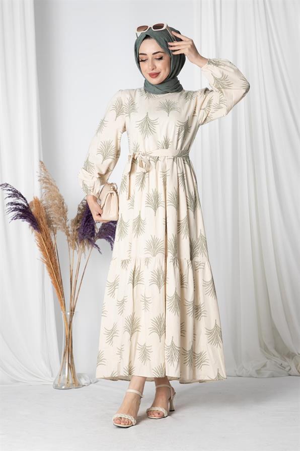 Pine-Patterned Linen Long Dress -Green