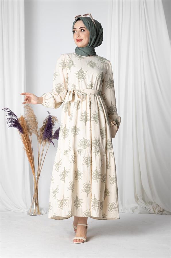Pine-Patterned Linen Long Dress -Green