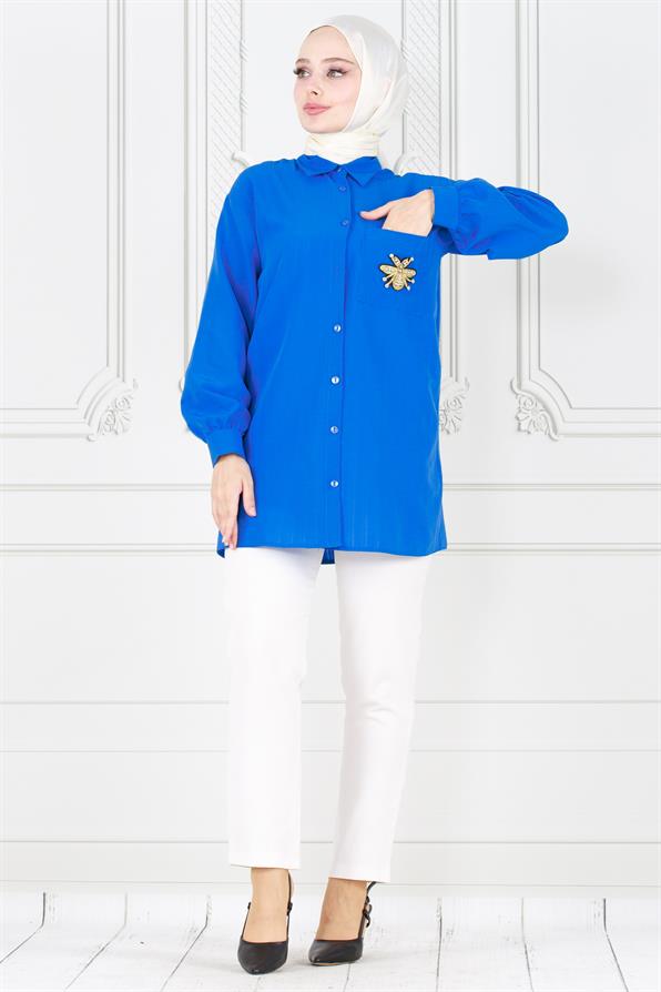 تونيك كتان بتفاصيل جيب النحلة - ازرق اللون