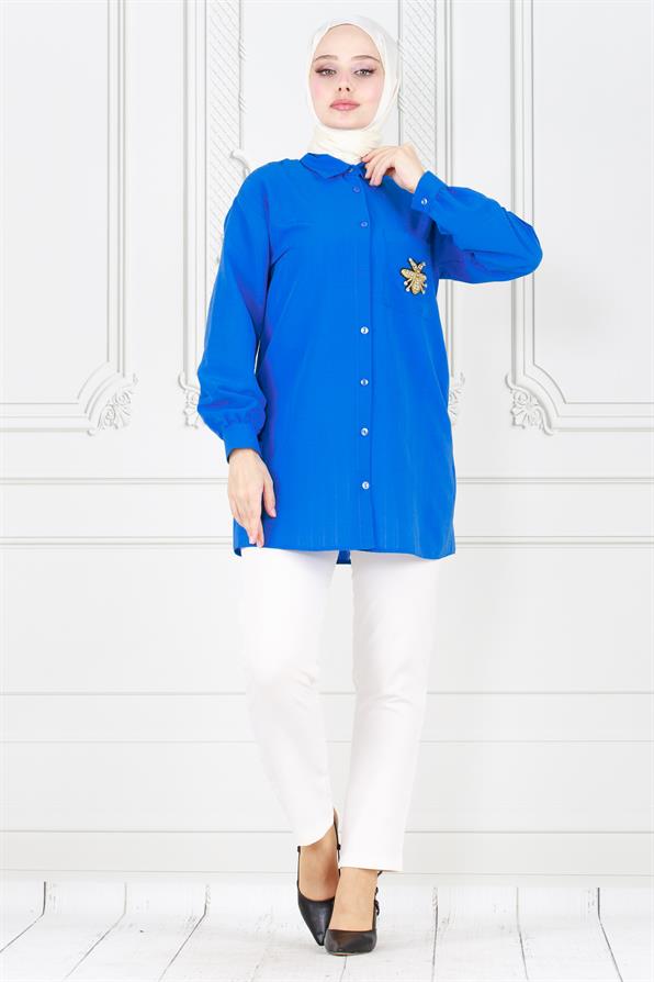 تونيك كتان بتفاصيل جيب النحلة - ازرق اللون