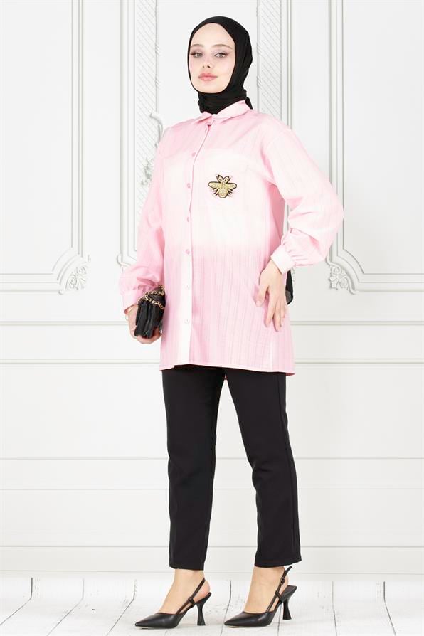 تونيك كتان بتفاصيل جيب النحلة - وردي