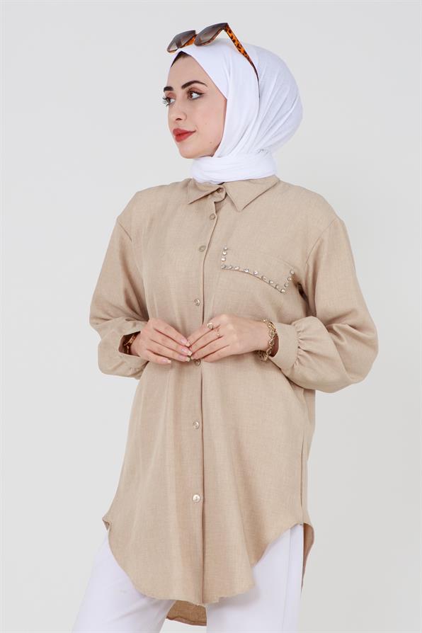 قميص بتفاصيل الحجر - بيج