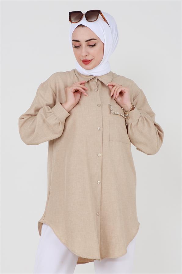 قميص بتفاصيل الحجر - بيج
