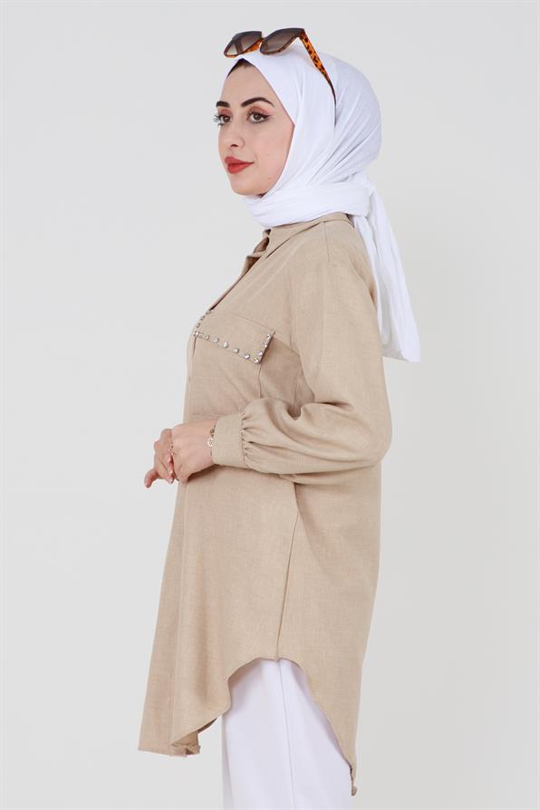 قميص بتفاصيل الحجر - بيج