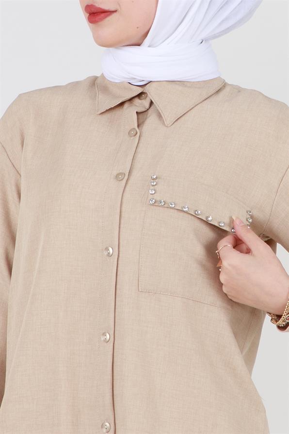قميص بتفاصيل الحجر - بيج