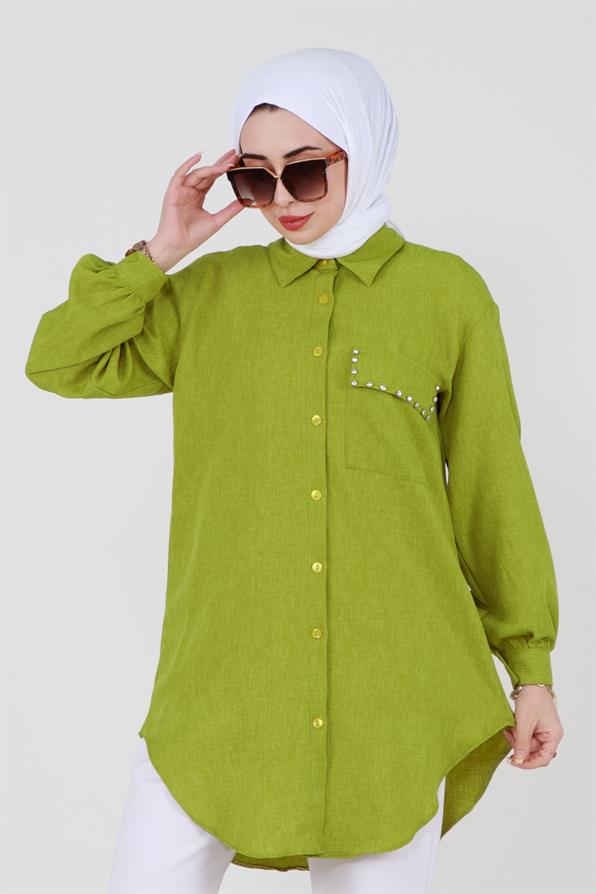 Shirt with Pocket Stone Detail - Pistachio Green.