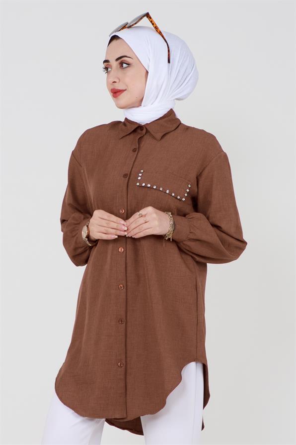 Shirt with Pocket Stone Detail - Brown.