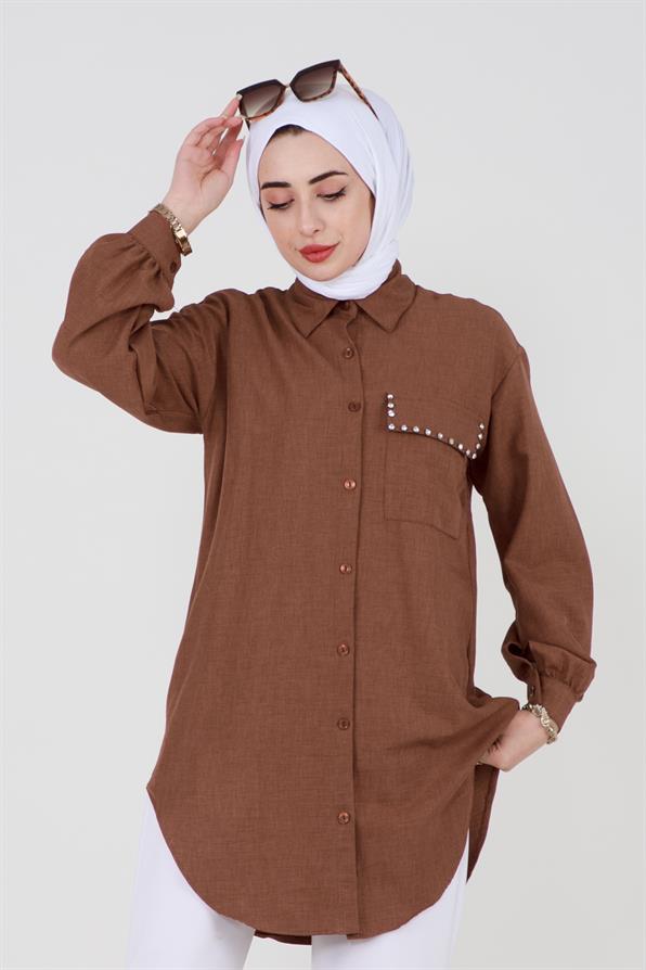 Shirt with Pocket Stone Detail - Brown.