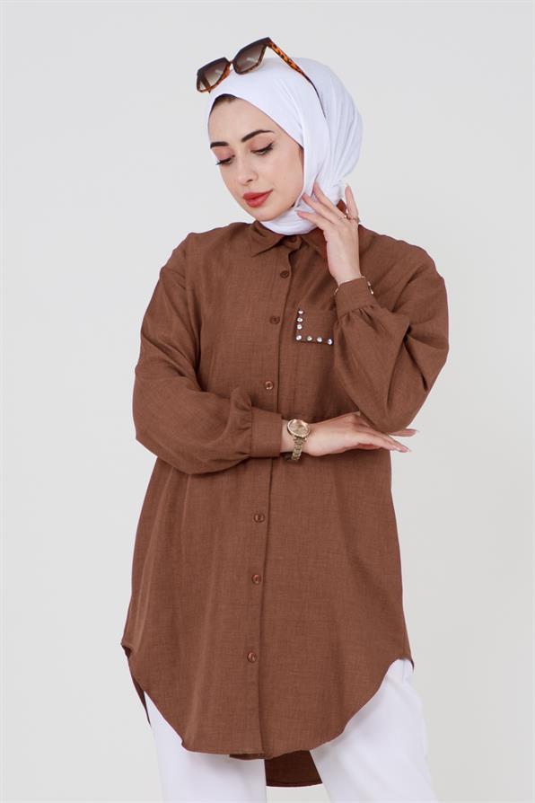 Shirt with Pocket Stone Detail - Brown.