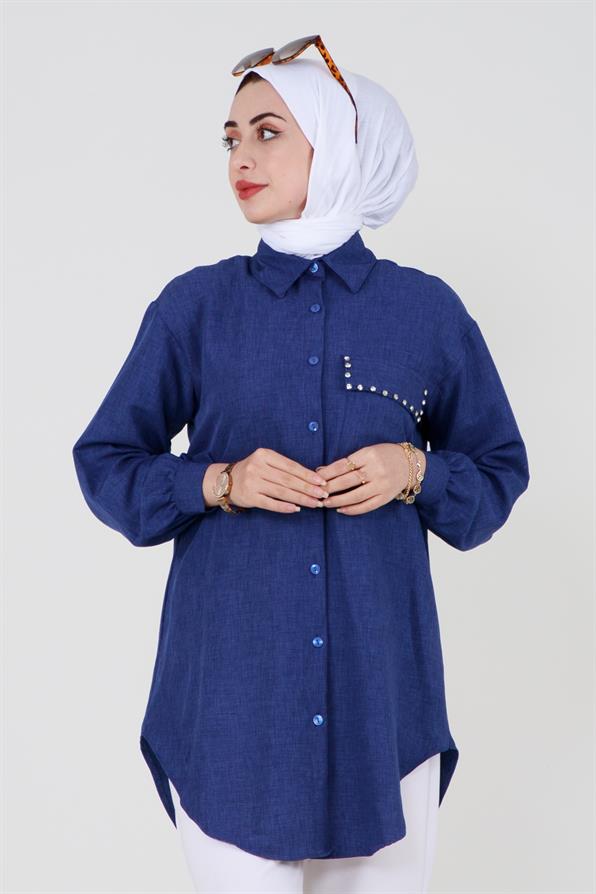 Shirt with Pocket Stone Detail - Navy Blue.