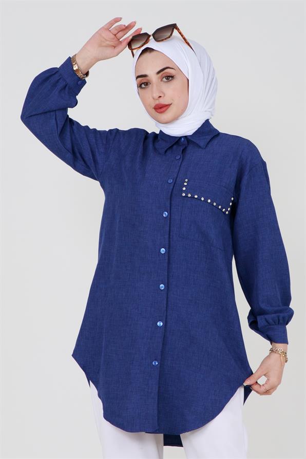 Shirt with Pocket Stone Detail - Navy Blue.
