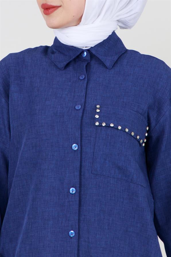 Shirt with Pocket Stone Detail - Navy Blue.