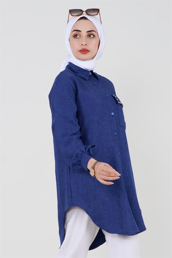 Shirt with Pocket Stone Detail - Navy Blue.