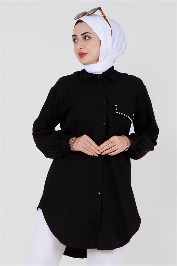 Pocket Stone Detailed Shirt-Black