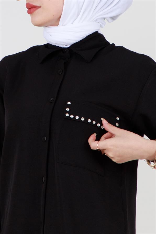 Pocket Stone Detailed Shirt-Black
