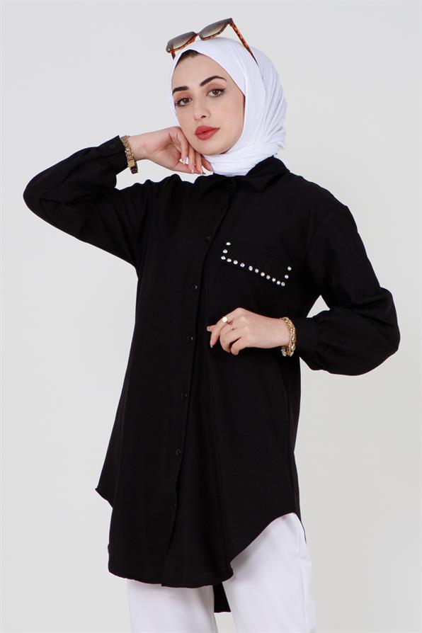 Pocket Stone Detailed Shirt-Black