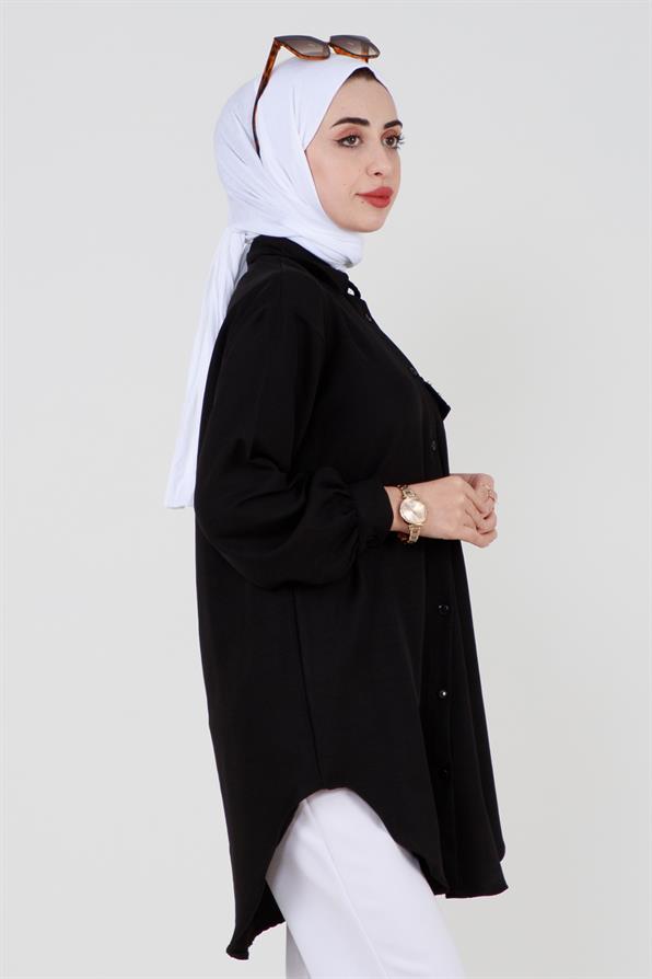 Pocket Stone Detailed Shirt-Black