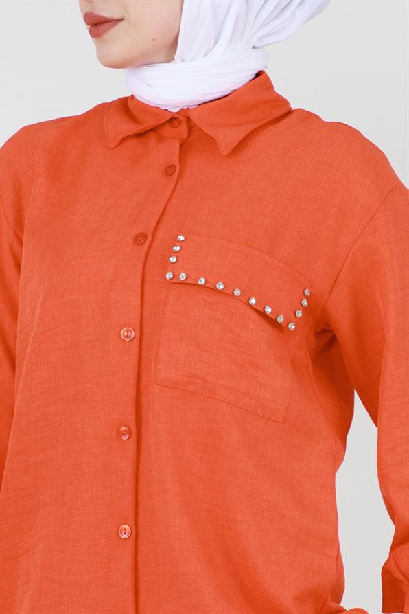 Pocket Stone Detailed Shirt-Orange