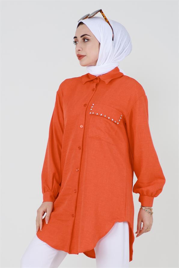 Pocket Stone Detailed Shirt-Orange