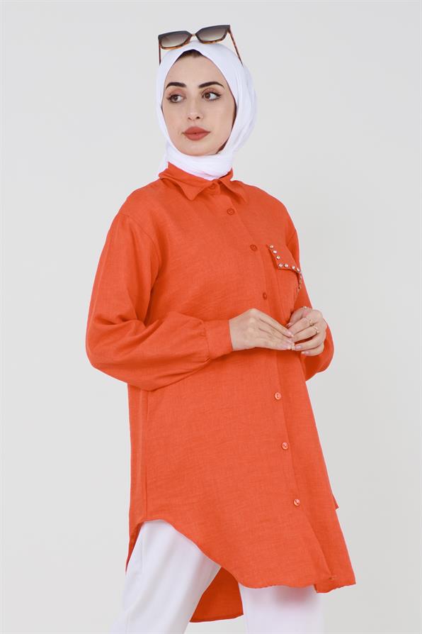 Pocket Stone Detailed Shirt-Orange