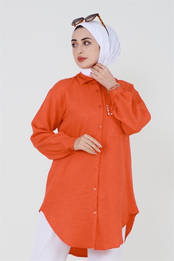 Pocket Stone Detailed Shirt-Orange